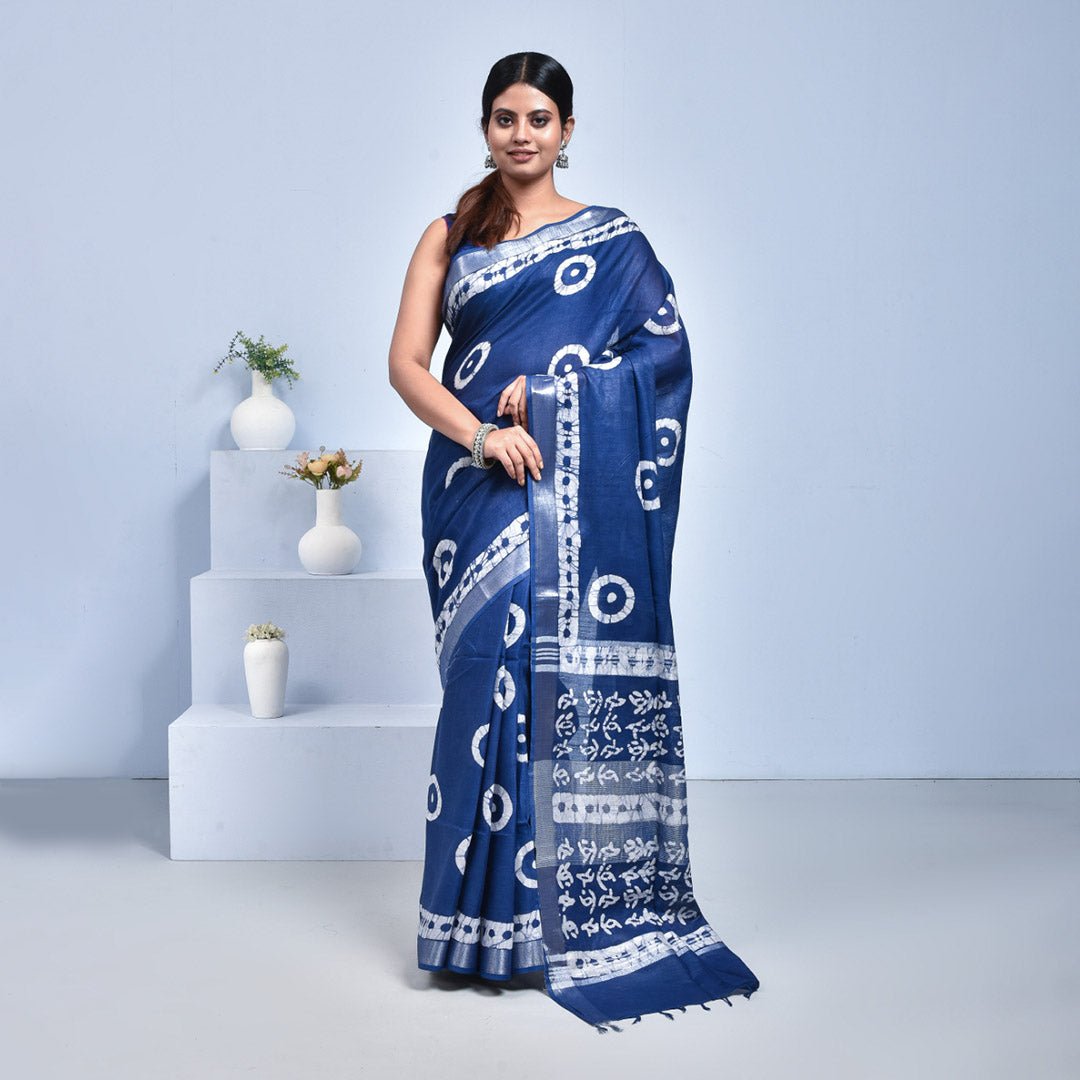 Pure Linen Saree with Metallic Border | Elegant Lightweight Linen Sare – Womens Saree on Brown Living™. SKU: ST-LIN-SAR-NBLUE-11. Img 15.