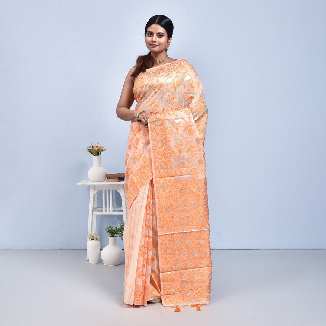 Pure Linen Saree with Metallic Border | Elegant Lightweight Linen Sare – Womens Saree on Brown Living™. SKU: ST-LIN-SAR-ORANGE-15. Img 11.