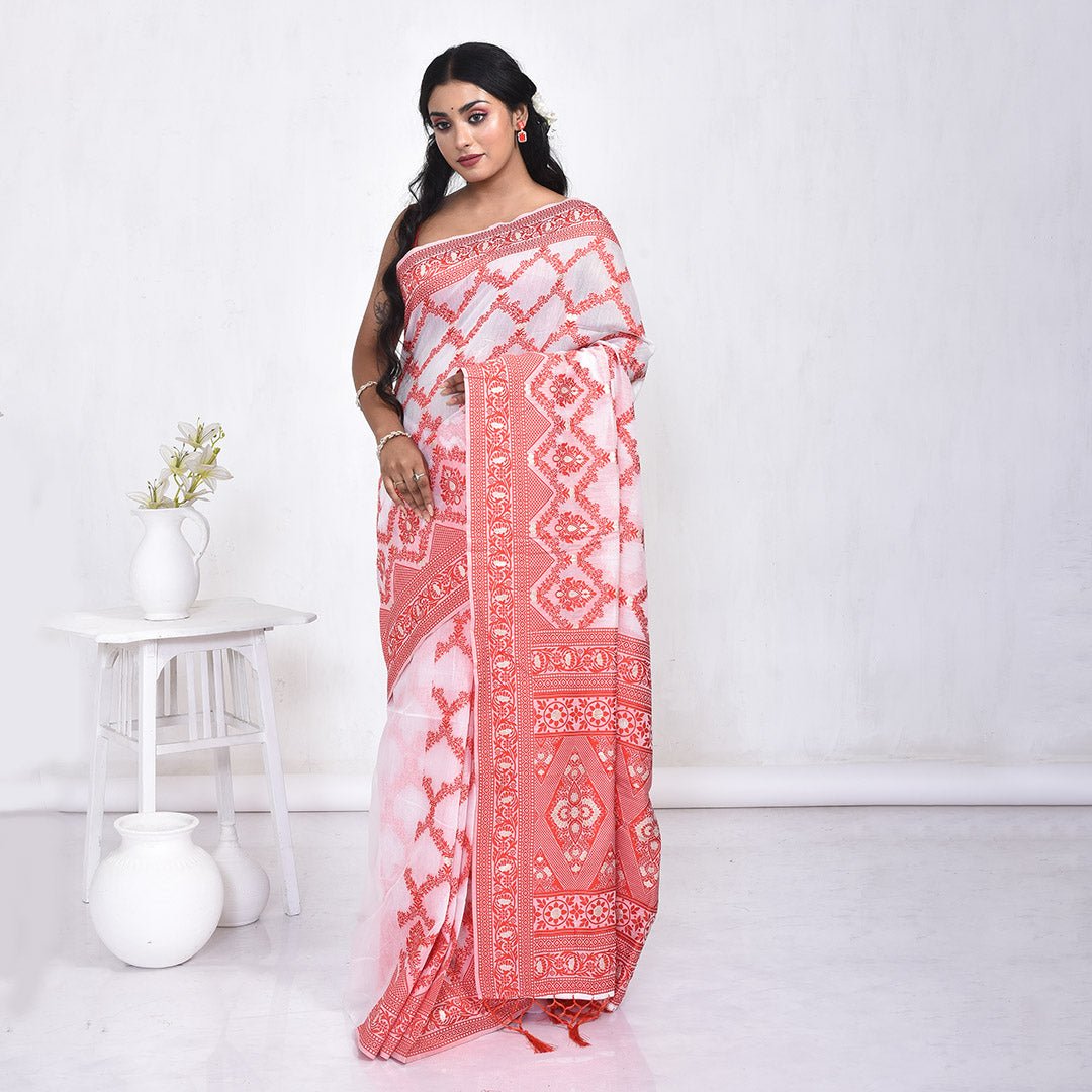 Pure Linen Saree with Metallic Border | Elegant Lightweight Linen Sare – Womens Saree on Brown Living™. SKU: ST-LIN-SAR-RWHITE-12. Img 12.