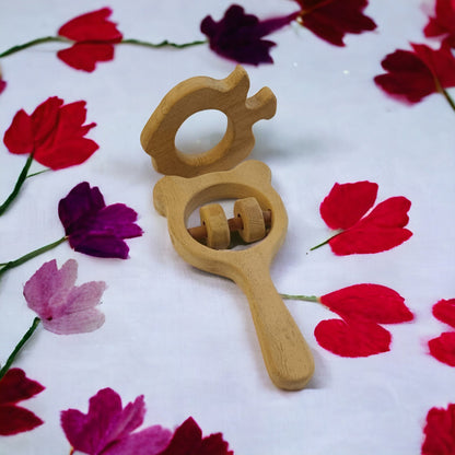 Pure Neem Wooden Rattle & Teether Combo - Mickey Head & Apple Shapes – Wooden Toys on Brown Living™. SKU: RT_MKHD-APL. Img 5.