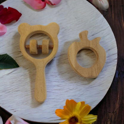 Pure Neem Wooden Rattle & Teether Combo - Mickey Head & Apple Shapes – Wooden Toys on Brown Living™. SKU: RT_MKHD-APL. Img 3.