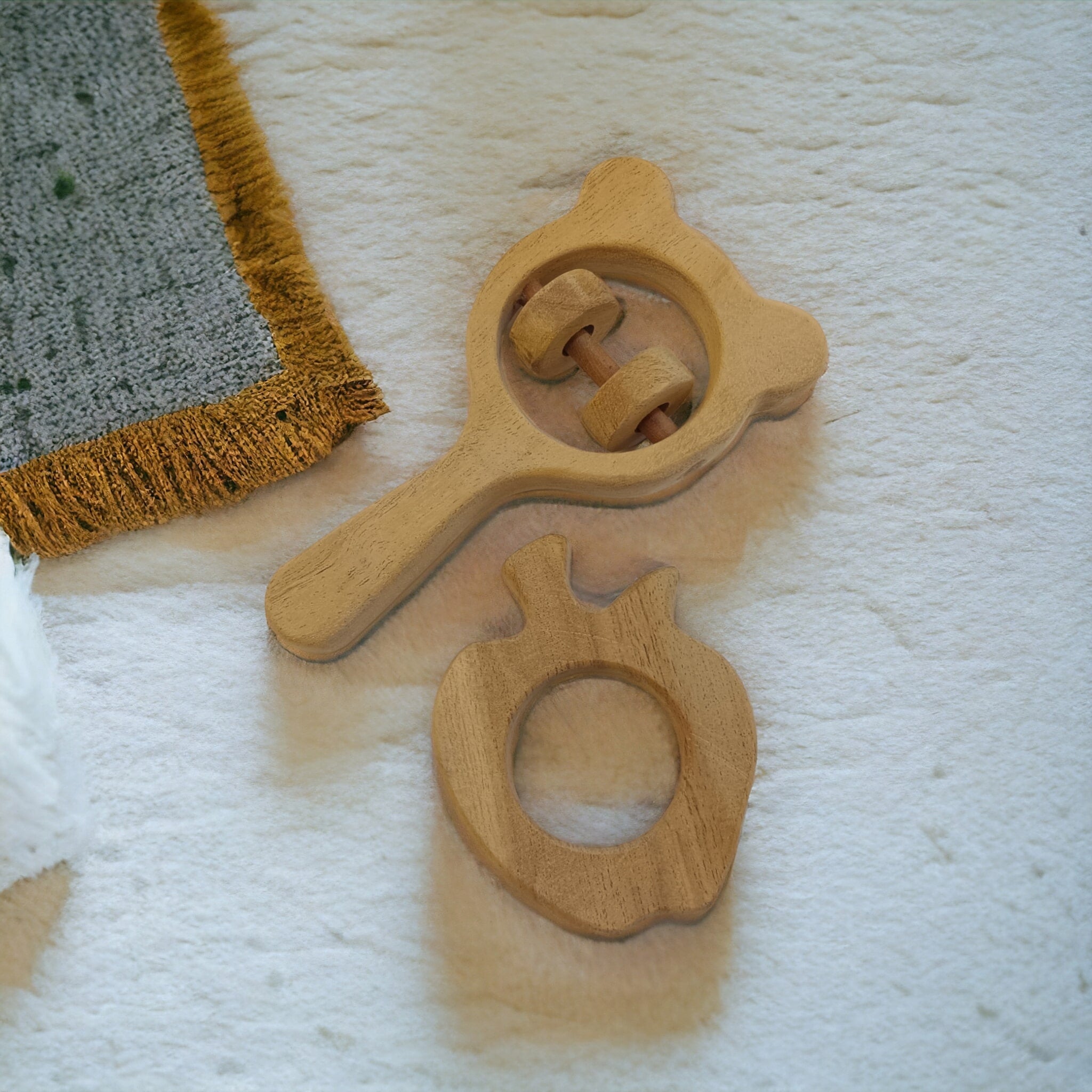 Pure Neem Wooden Rattle & Teether Combo - Mickey Head & Apple Shapes – Wooden Toys on Brown Living™. SKU: RT_MKHD-APL. Img 6.