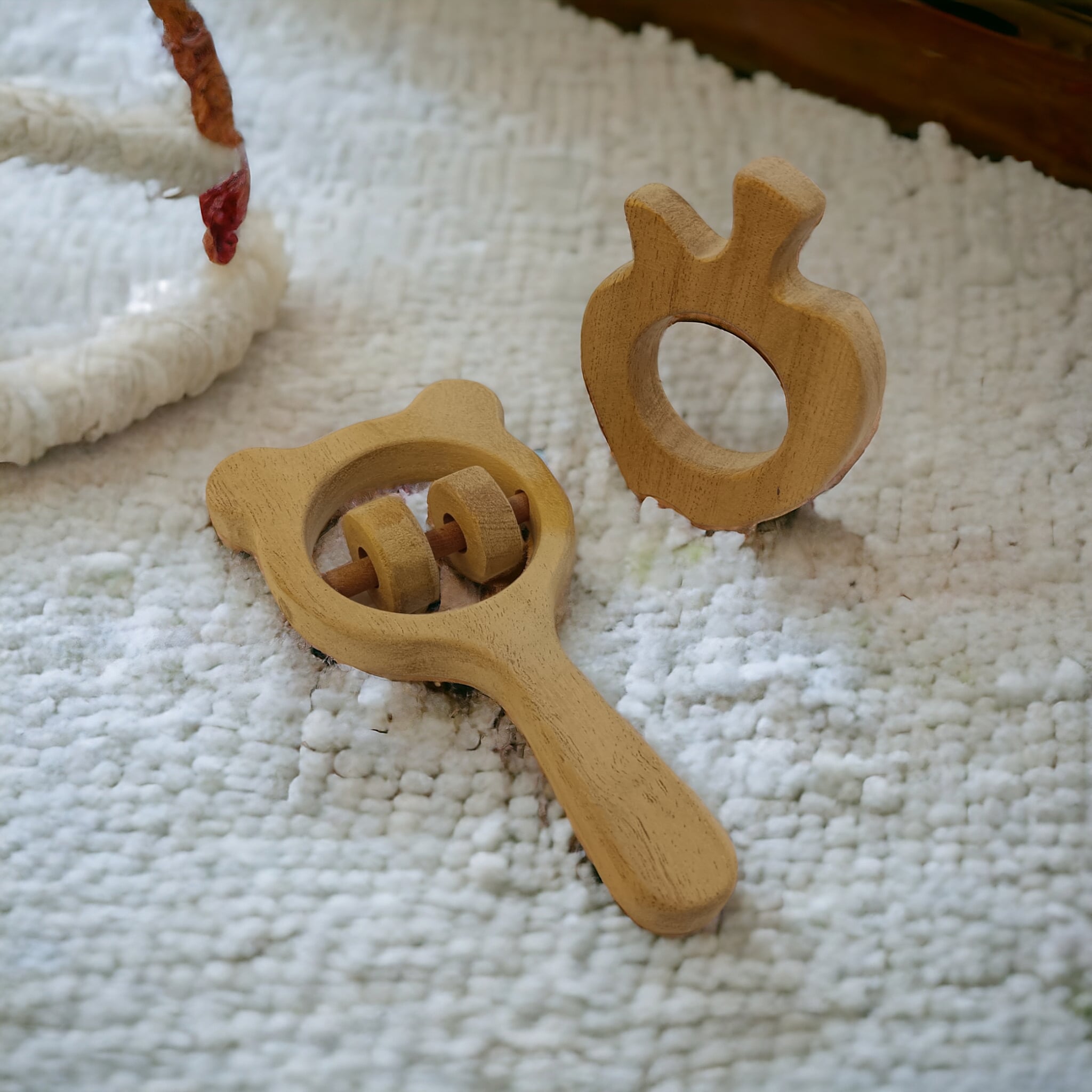 Pure Neem Wooden Rattle & Teether Combo - Mickey Head & Apple Shapes – Wooden Toys on Brown Living™. SKU: RT_MKHD-APL. Img 4.