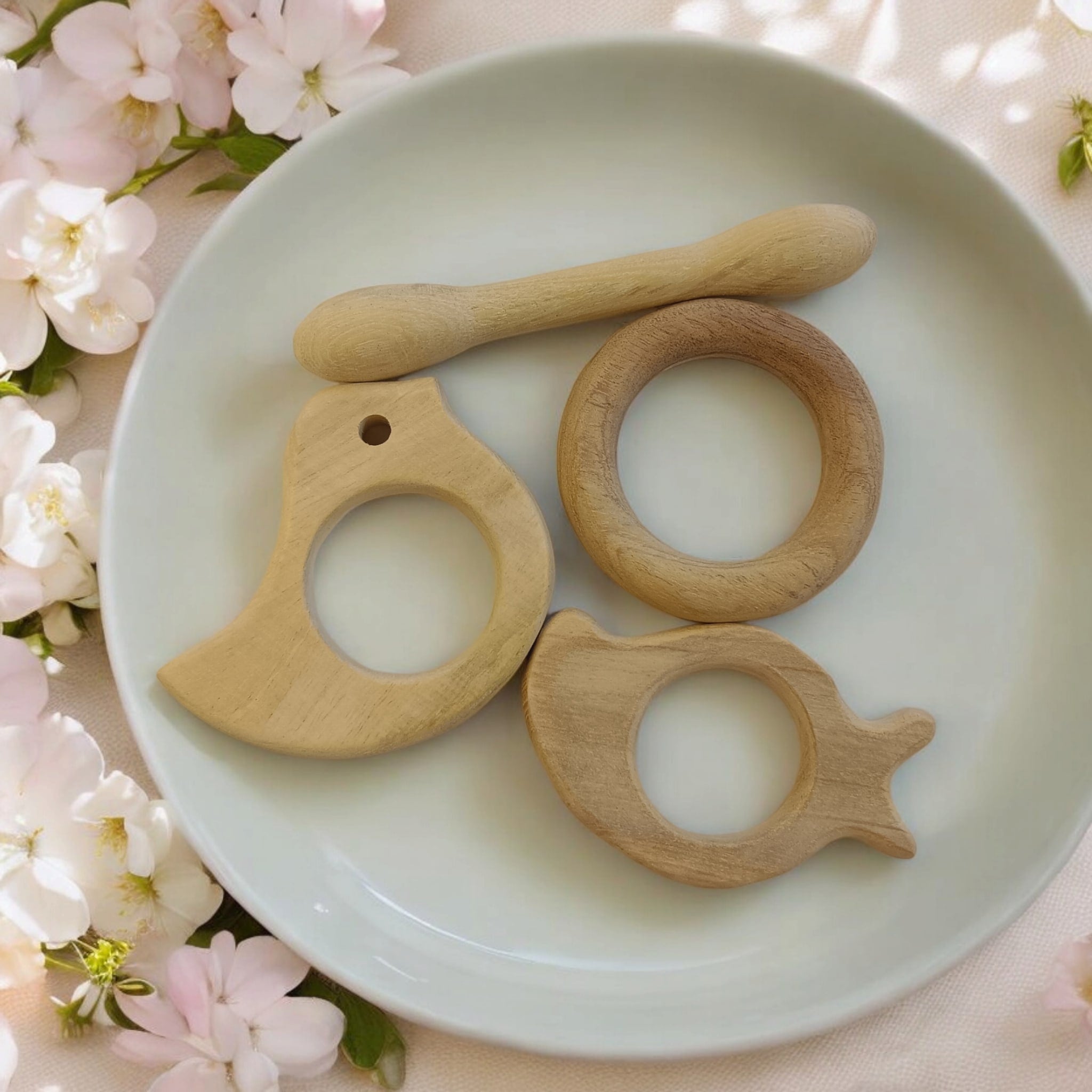 Pure Neem Wooden Teethers – Dumbbell, Ring, Mango & Dove Shapes – Baby Teethers & Soothers on Brown Living™. SKU: T_DBL-RNG-MNG-DV. Img 5.
