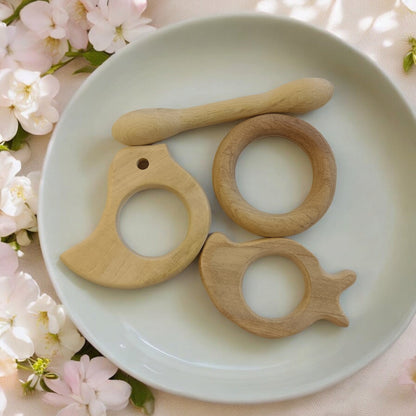 Pure Neem Wooden Teethers – Dumbbell, Ring, Mango & Dove Shapes – Baby Teethers & Soothers on Brown Living™. SKU: T_DBL-RNG-MNG-DV. Img 5.