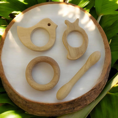 Pure Neem Wooden Teethers – Dumbbell, Ring, Mango & Dove Shapes – Baby Teethers & Soothers on Brown Living™. SKU: T_DBL-RNG-MNG-DV. Img 2.