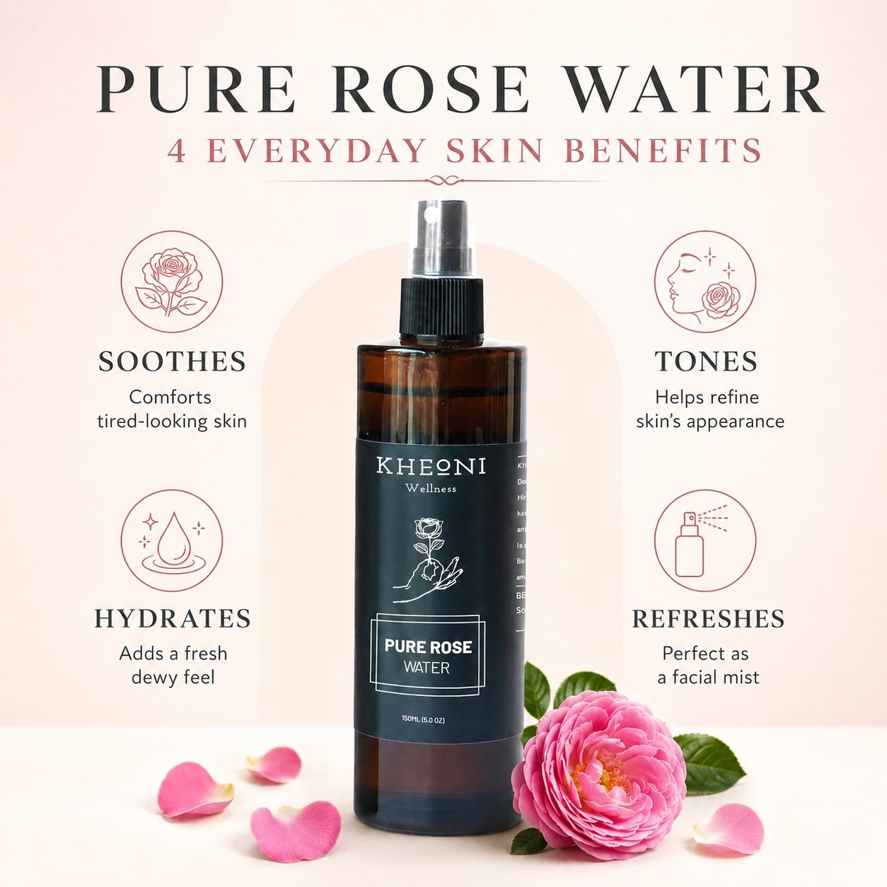 Pure Rose Water Face Mist & Toner | Damask Rose | 150 ml – Face Toner on Brown Living™. SKU: FFHYRW150L. Img 6.