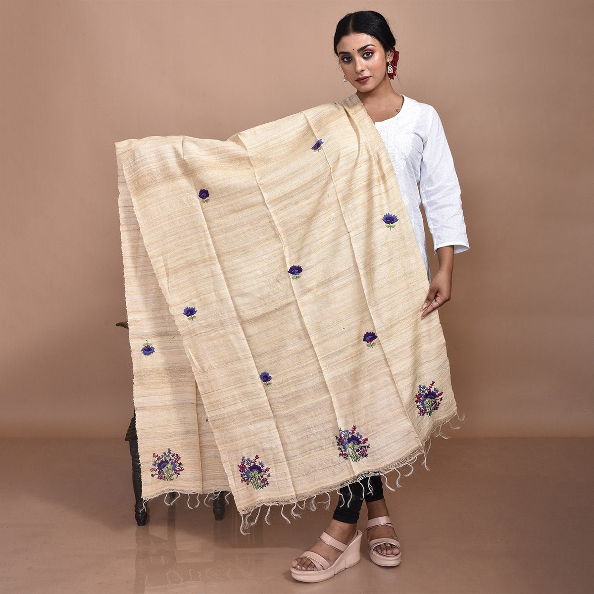 Pure Silk Hand Embroidered Dupatta – Womens Dupatta by Stotra available on Brown Living™. Beige - aster Design . SKU: ST - DUP - BEI - ASTER - 01. Img 1.