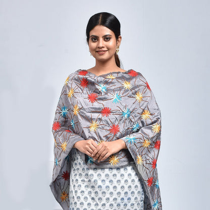 Pure Silk Hand Embroidered Dupatta – Womens Dupatta by Stotra available on Brown Living™. Blue - Daisy Design . SKU: ST - DUP - BLU - DAISY - 03. Img 4.