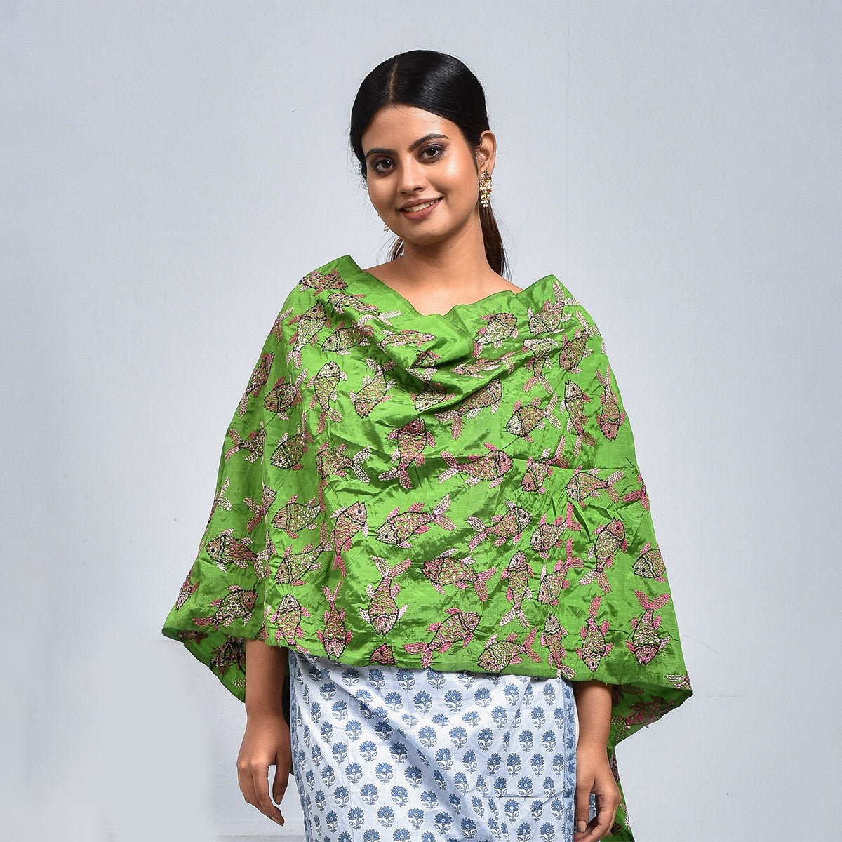 Pure Silk Hand Embroidered Dupatta – Womens Dupatta by Stotra available on Brown Living™. Blue - Daisy Design . SKU: ST - DUP - BLU - DAISY - 03. Img 3.