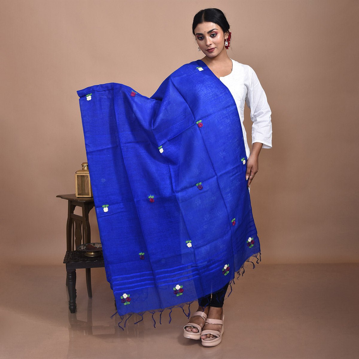 Pure Silk Hand Embroidered Dupatta – Womens Dupatta by Stotra available on Brown Living™. Blue - Daisy Design . SKU: ST - DUP - BLU - DAISY - 03. Img 2.