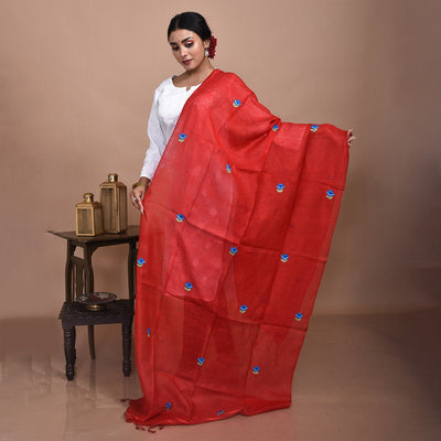 Pure Silk Hand Embroidered Dupatta – Womens Dupatta on Brown Living™. SKU: ST - DUP - RED - DAISY - 08. Img 6.