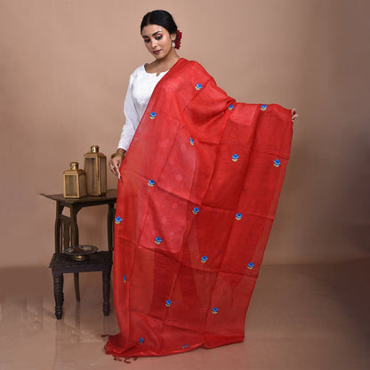 Pure Silk Hand Embroidered Dupatta – Womens Dupatta by Stotra available on Brown Living™. Red - Daisy Design . SKU: ST - DUP - RED - DAISY - 08. Img 6.