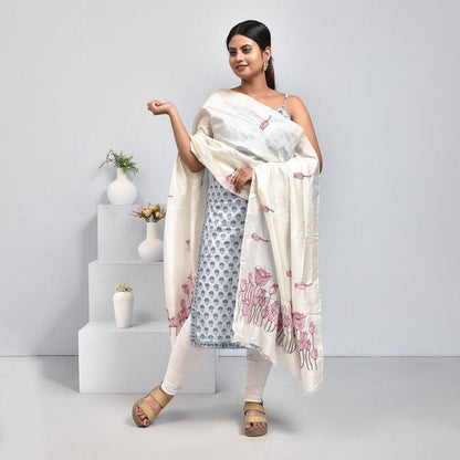 Pure Silk Hand Embroidered Dupatta – Womens Dupatta by Stotra available on Brown Living™. White - Lotus Design . SKU: ST - DUP - WHITE - LOTUS - 11. Img 24.