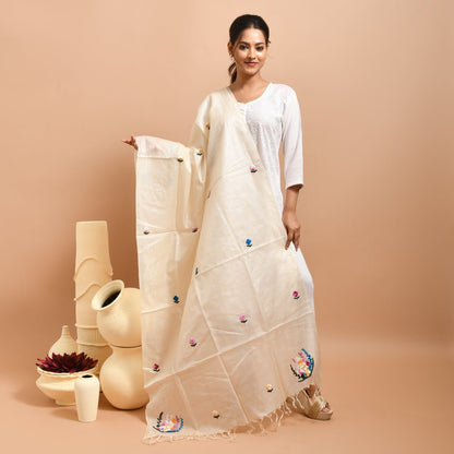 Pure Silk Hand Embroidered Dupatta – Womens Dupatta by Stotra available on Brown Living™. White - Lotus Design . SKU: ST - DUP - WHITE - LOTUS - 11. Img 26.