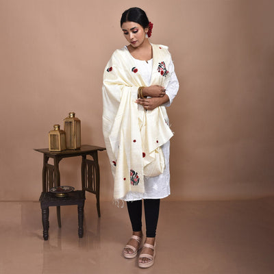 Pure Silk Hand Embroidered Dupatta – Womens Dupatta on Brown Living™. SKU: ST - DUP - WHITE - LOTUS - 11. Img 25.