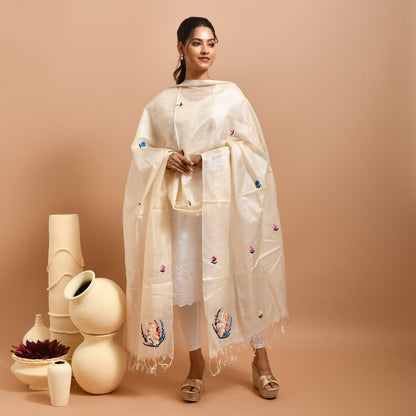 Pure Silk Hand Embroidered Dupatta – Womens Dupatta by Stotra available on Brown Living™. White - Rhododendron Design . SKU: ST - DUP - WHITE - RHODO - 13. Img 27.