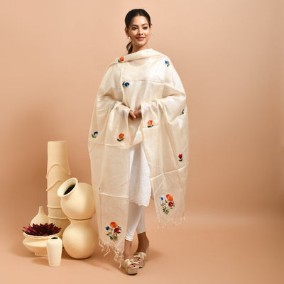 Pure Silk Hand Embroidered Dupatta – Womens Dupatta on Brown Living™. SKU: ST - DUP - WHITE - TULIP - 10. Img 28.