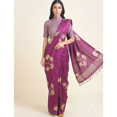 Purple Ginkgo 100% Natural Mulberry Silk Saree – Womens Saree on Brown Living™. SKU: NAESA27. Img 1.