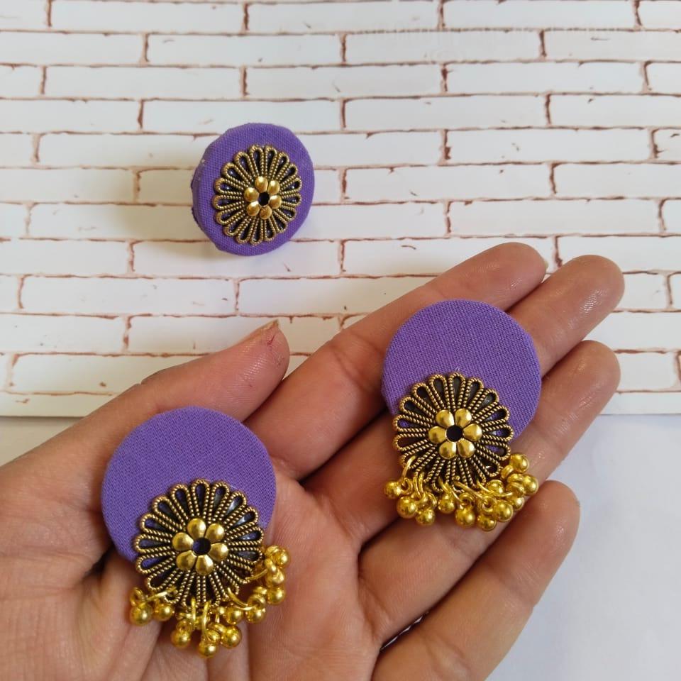 Purple Golden Round Studs Earrings with Adjustable Ring Set | Verified Sustainable by Brown Living™