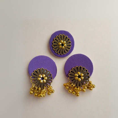 Purple Golden Round Studs Earrings with Adjustable Ring Set | Verified Sustainable by Brown Living™