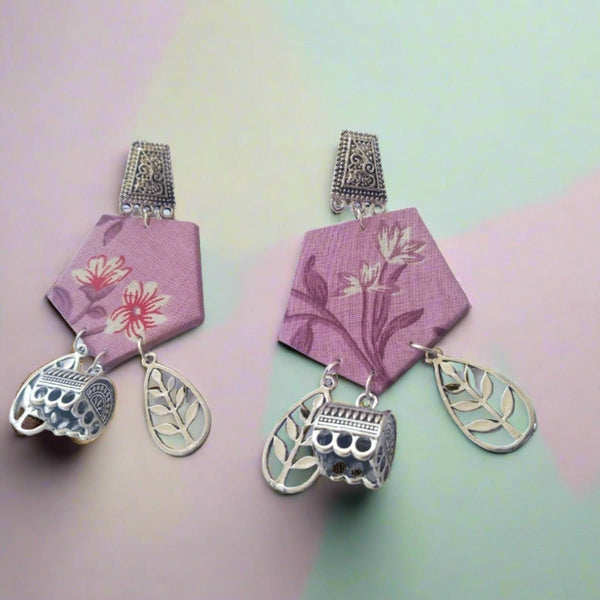 Purple Printed Floral Earrings with Silver Charm Bottom | Verified Sustainable by Brown Living™