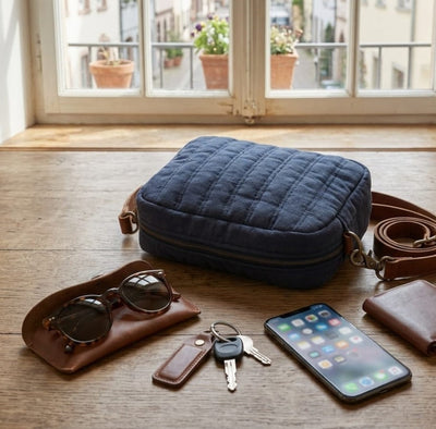 Quilted Indigo Linen Sling Bag | Lightweight Handmade Crossbody Bag – Sling Bag on Brown Living™. SKU: KRBL06. Img 2.