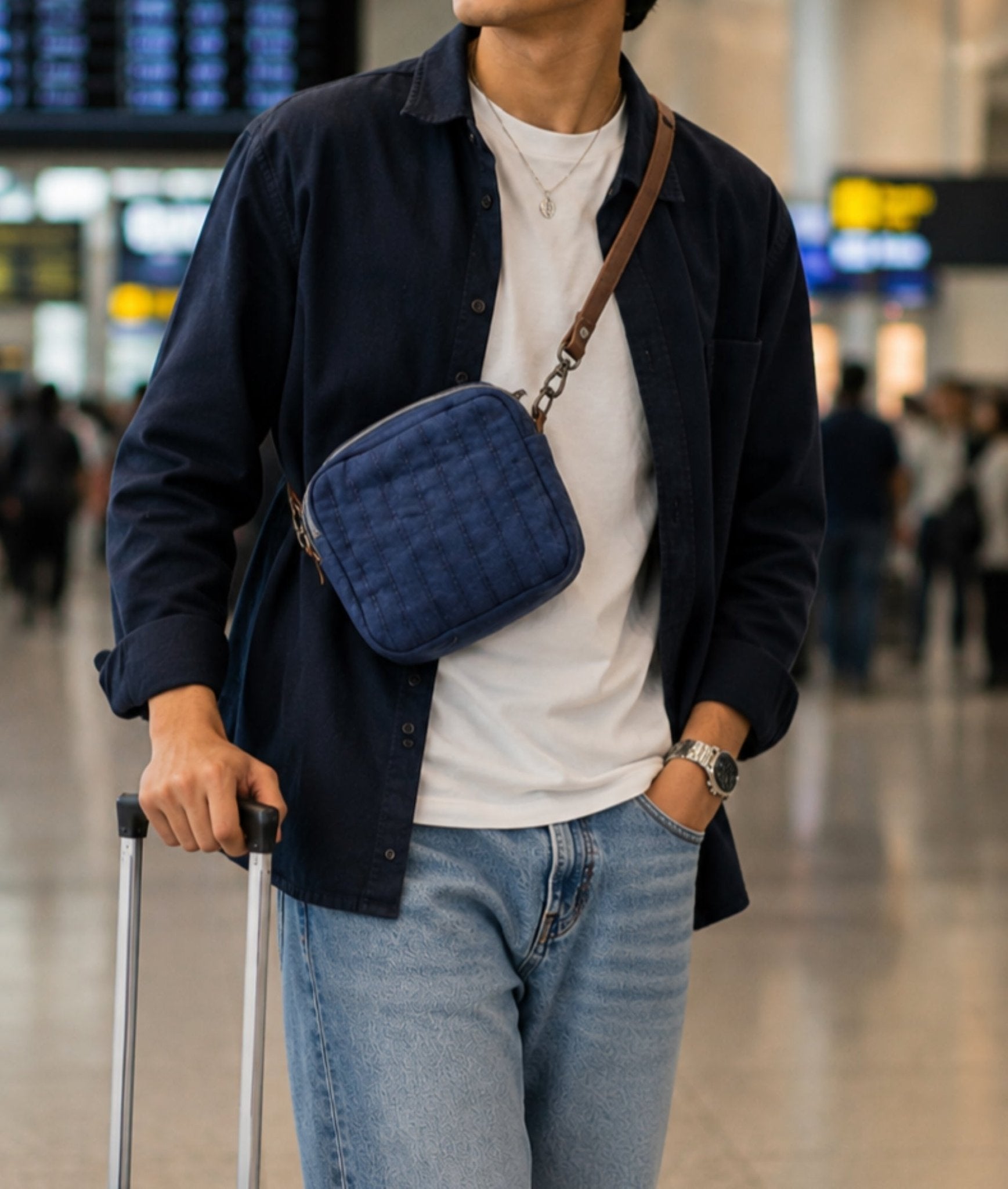 Quilted Indigo Linen Sling Bag | Lightweight Handmade Crossbody Bag – Sling Bag on Brown Living™. SKU: KRBL06. Img 5.