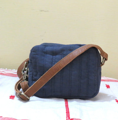 Quilted Indigo Linen Sling Bag | Lightweight Handmade Crossbody Bag – Sling Bag on Brown Living™. SKU: KRBL06. Img 1.