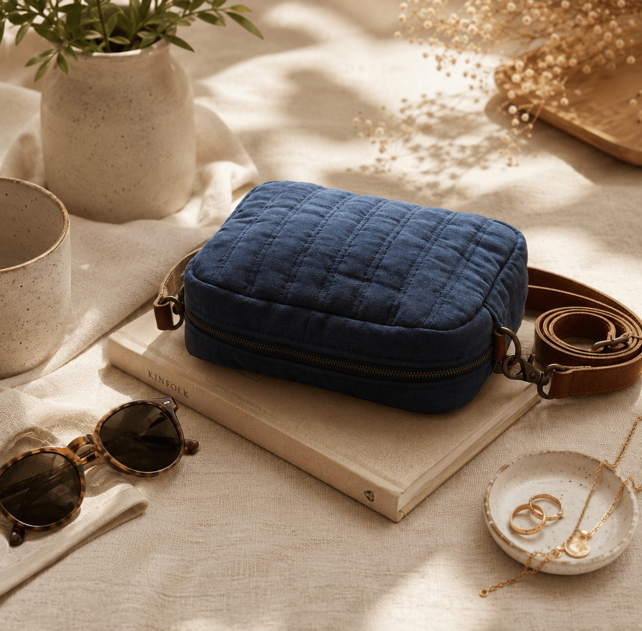 Quilted Indigo Linen Sling Bag | Lightweight Handmade Crossbody Bag – Sling Bag on Brown Living™. SKU: KRBL06. Img 1.