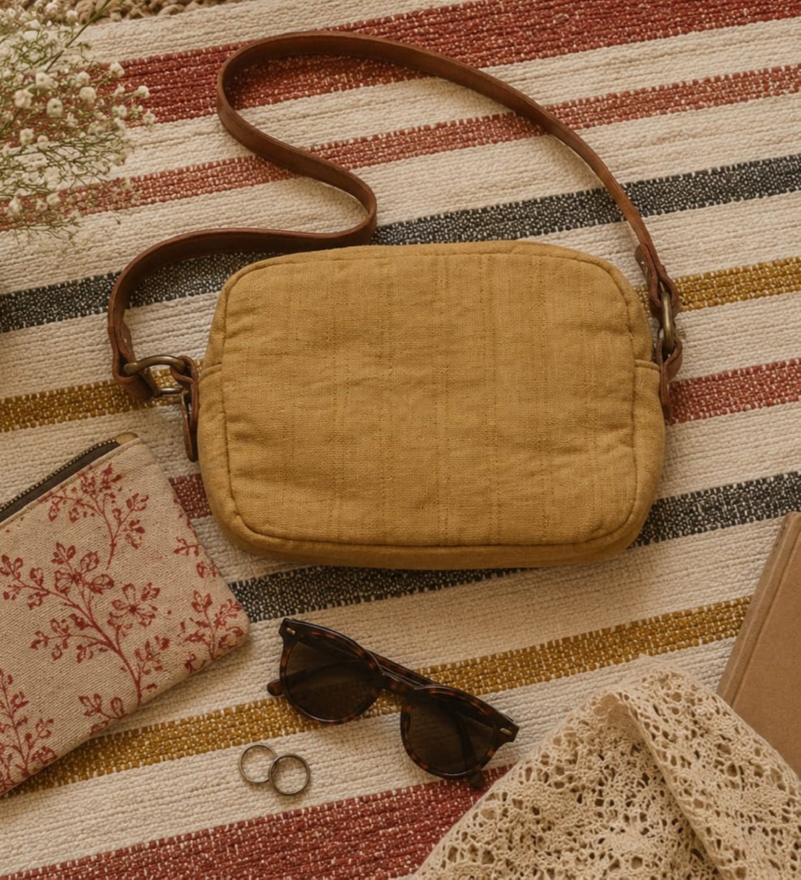 Quilted Linen Sling Bag for Women | Mustard Small Crossbody Bag – Sling Bag on Brown Living™. SKU: KRBL05. Img 4.
