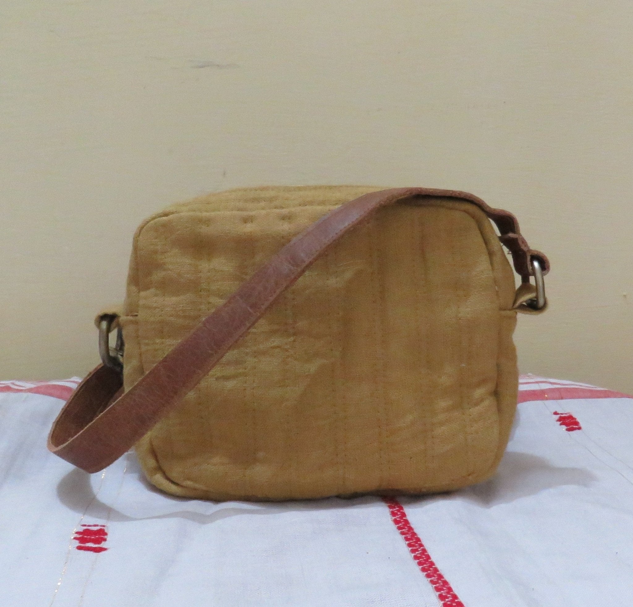Quilted Linen Sling Bag for Women | Mustard Small Crossbody Bag – Sling Bag on Brown Living™. SKU: KRBL05. Img 2.