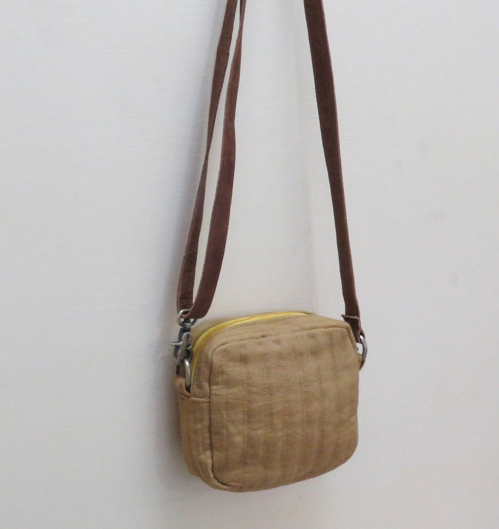 Quilted Linen Sling Bag for Women | Mustard Small Crossbody Bag – Sling Bag on Brown Living™. SKU: KRBL05. Img 1.