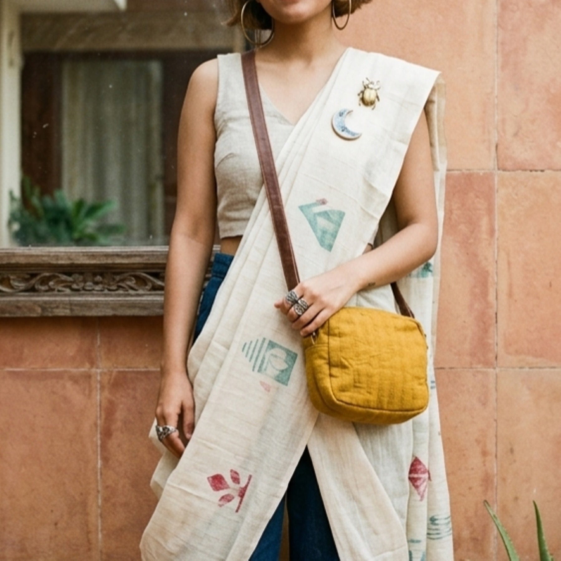 Quilted Linen Sling Bag for Women | Mustard Small Crossbody Bag – Sling Bag on Brown Living™. SKU: KRBL05. Img 5.