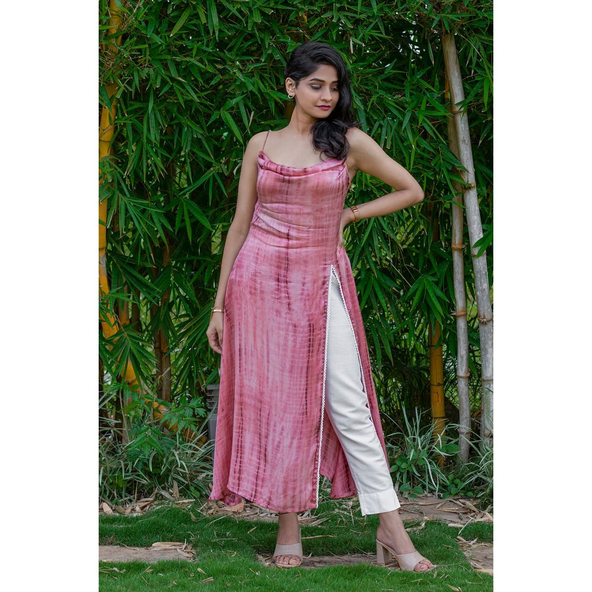 Quinn Cowl Kurti | Draped Satin Kurti for Women | Modern Ethnic Wear – Womens Ethnic Sets on Brown Living™. SKU: TMS0161-XS. Img 1.
