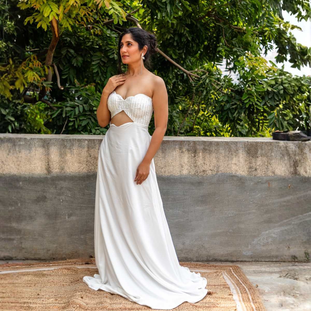 Rain Clouds White Tencel Gown For Women | Soft & Breathable Dress – Womens Dress on Brown Living™. SKU: JDS5030XS. Img 1.