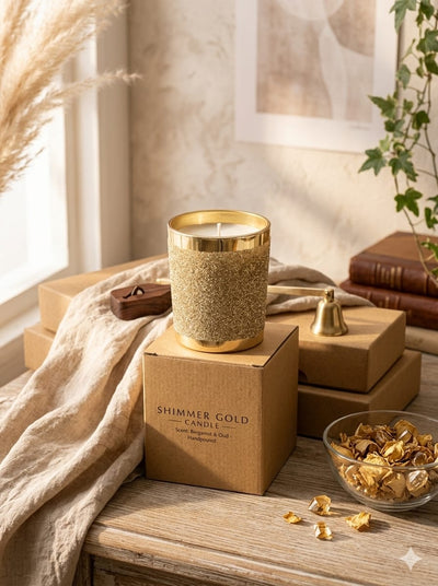 Rajnigandha Fragrance Shimmering Golden Candle – Candles & Fragrances on Brown Living™. SKU: SND2415. Img 2.
