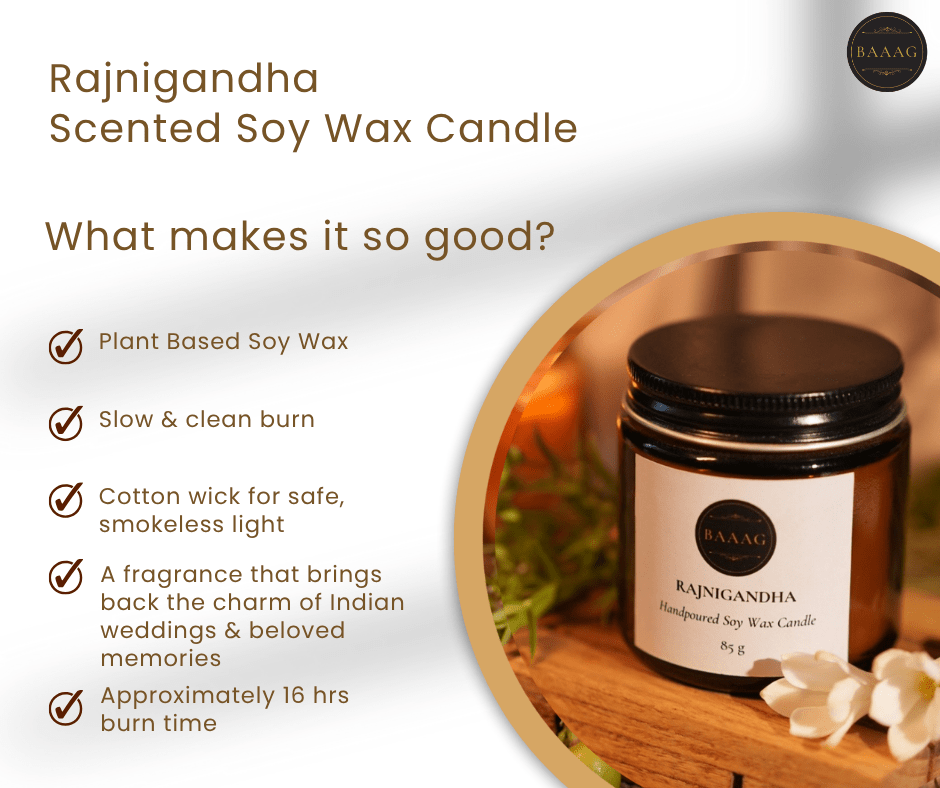 Rajnigandha Scented Soy Wax Candle – Natural & Eco - Friendly – Candles & Fragrances on Brown Living™. SKU: BGSC000009. Img 2.