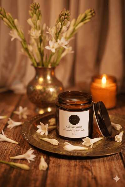 Rajnigandha Soy Candle - Luxury Tuberose Festive Fragrance – Candles & Fragrances on Brown Living™. SKU: BGSC000009. Img 5.