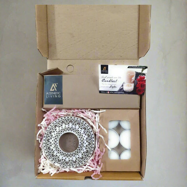 Rangoli Wooden T - Light Holder with a pack of 6 soywax t - light candles | Verified Sustainable Gift Giving on Brown Living™