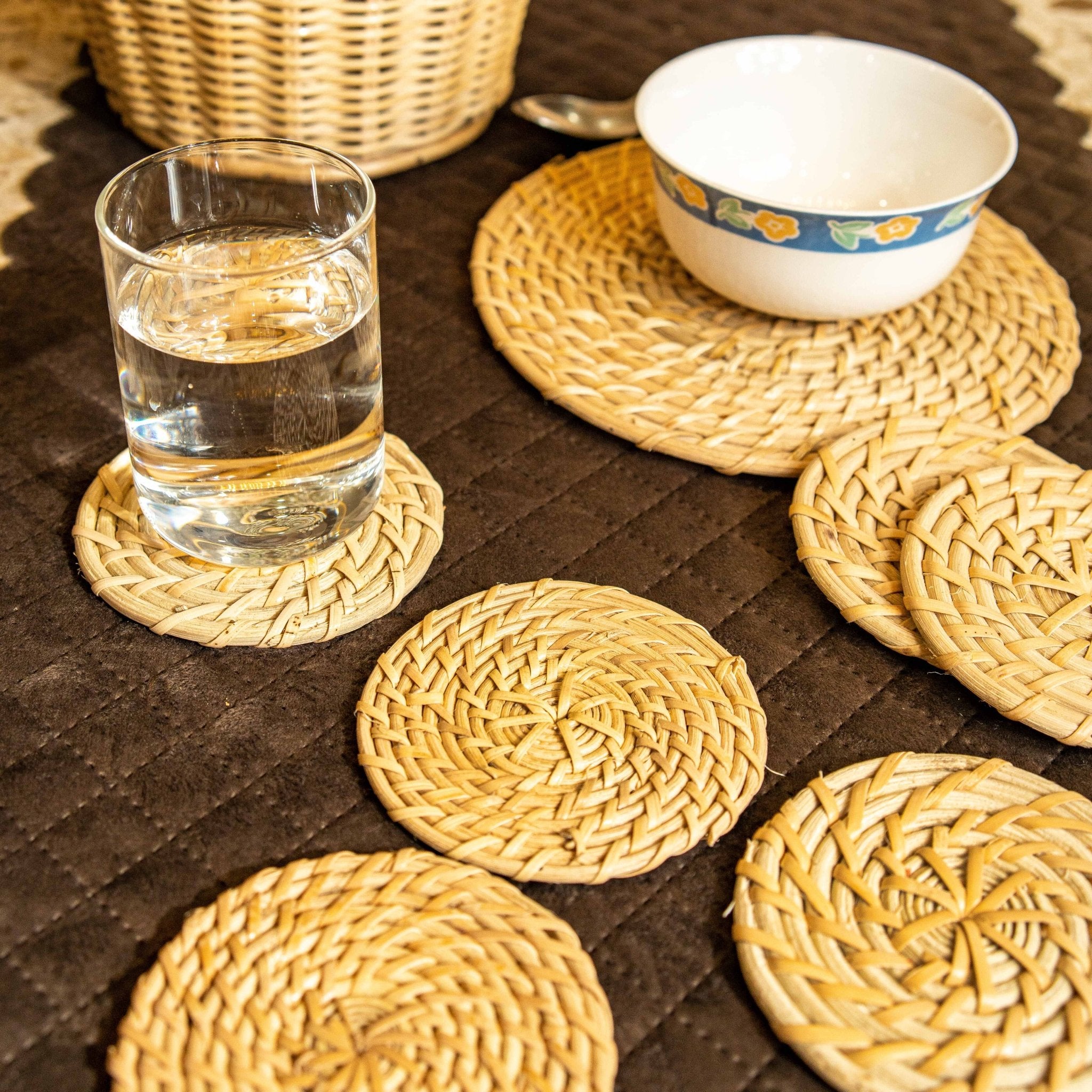 Rattan Coasters | Handwoven, Eco - Friendly Drink Mats – Table Linens by AJAARA available on Brown Living™. Pack Of 2 . SKU: SYMTA003 - 2. Img 1.