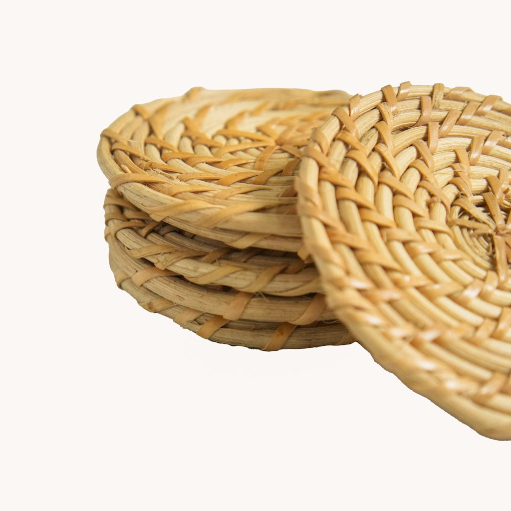 Rattan Coasters | Handwoven, Eco - Friendly Drink Mats – Table Linens by AJAARA available on Brown Living™. Pack Of 6 . SKU: SYMTAS003 - 6. Img 2.