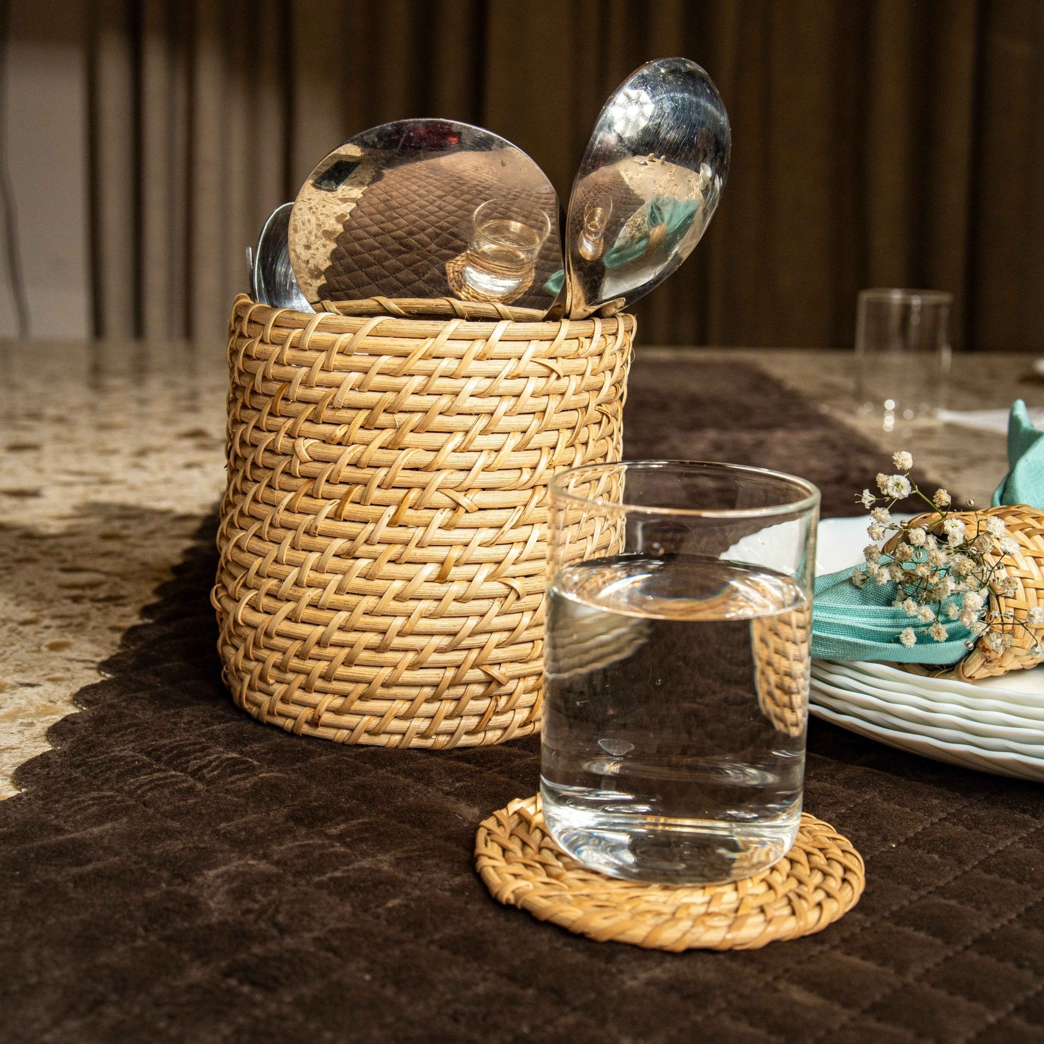 Rattan Cutlery Holder | Handwoven, Eco - Friendly Table Organizer – Table Essentials by AJAARA available on Brown Living™. . SKU: SYMTA006. Img 1.