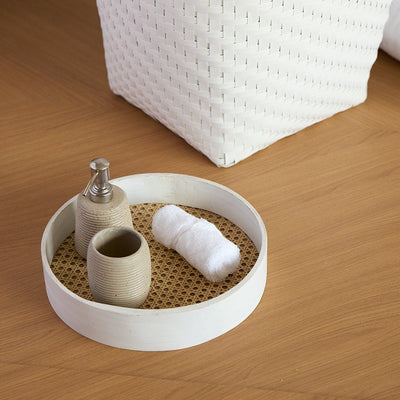 Rattan Round Handwoven Multipurpose Decorative White Tray – Home Decor on Brown Living™. SKU: RattanRoundTrayWhite7. Img 2.