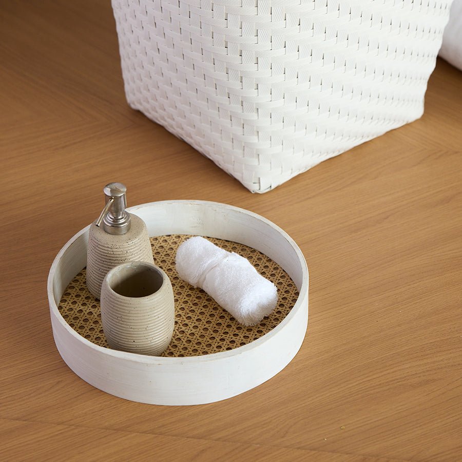 Rattan Round Handwoven Multipurpose Decorative White Tray – Home Decor on Brown Living™. SKU: RattanRoundTrayWhite7. Img 2.