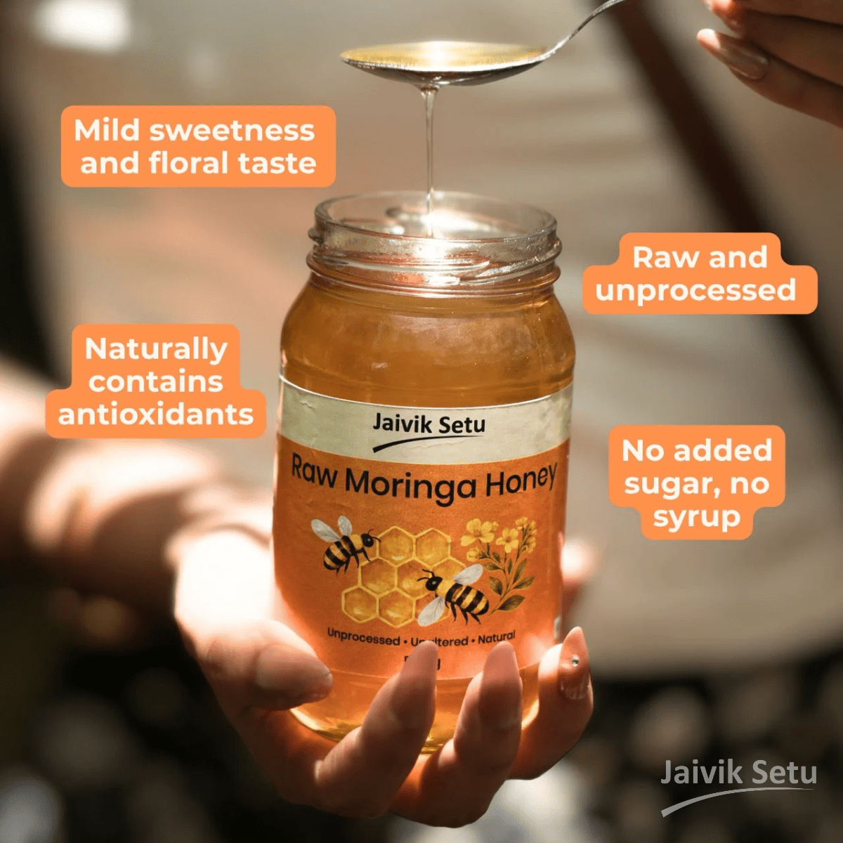 Raw Moringa Honey | 500g Natural Honey – Honey & Syrups on Brown Living™. SKU: MHJS1. Img 2.