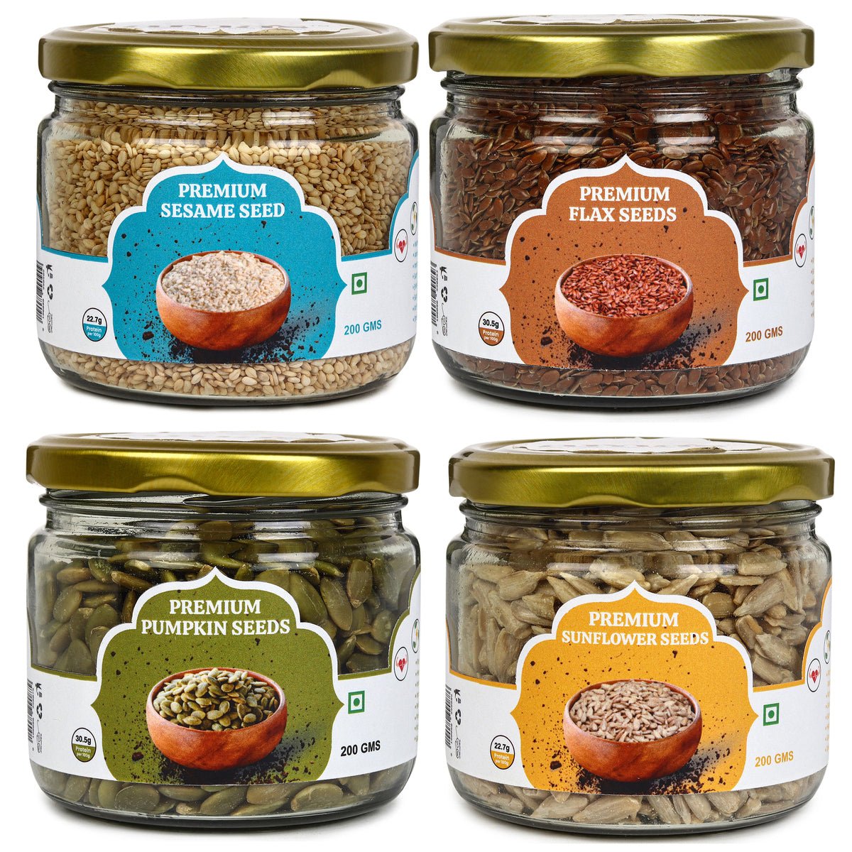Raw Seeds Combo Pack Of 4 | Sunflower Sesame Pumpkin Flax – Dried Fruits, Nuts & Seeds on Brown Living™. SKU: ARNAS-9. Img 1.