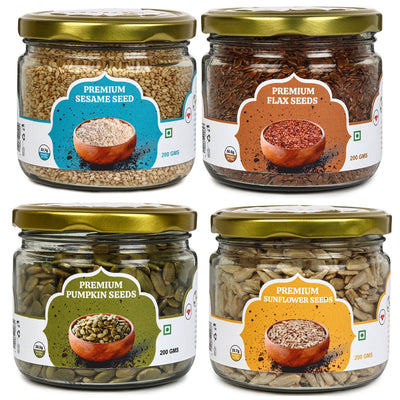 Raw Seeds Combo Pack Of 4 | Sunflower Sesame Pumpkin Flax – Dried Fruits, Nuts & Seeds on Brown Living™. SKU: ARNAS-9. Img 1.