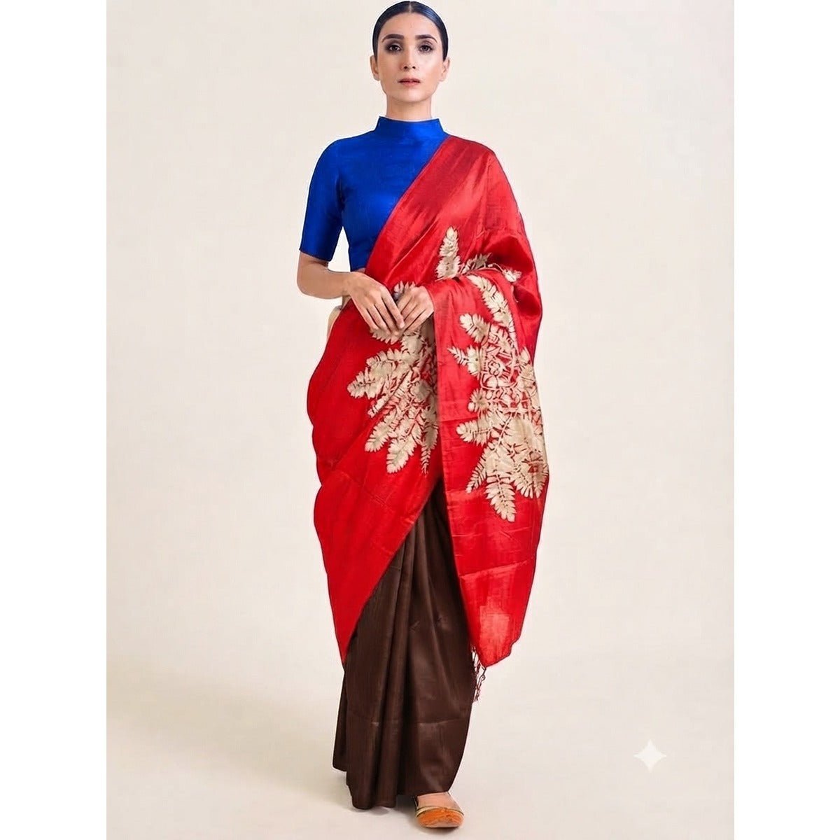 Red Bada Patta 100% Natural Mulberry Silk Saree – Womens Saree on Brown Living™. SKU: NAESA25. Img 1.