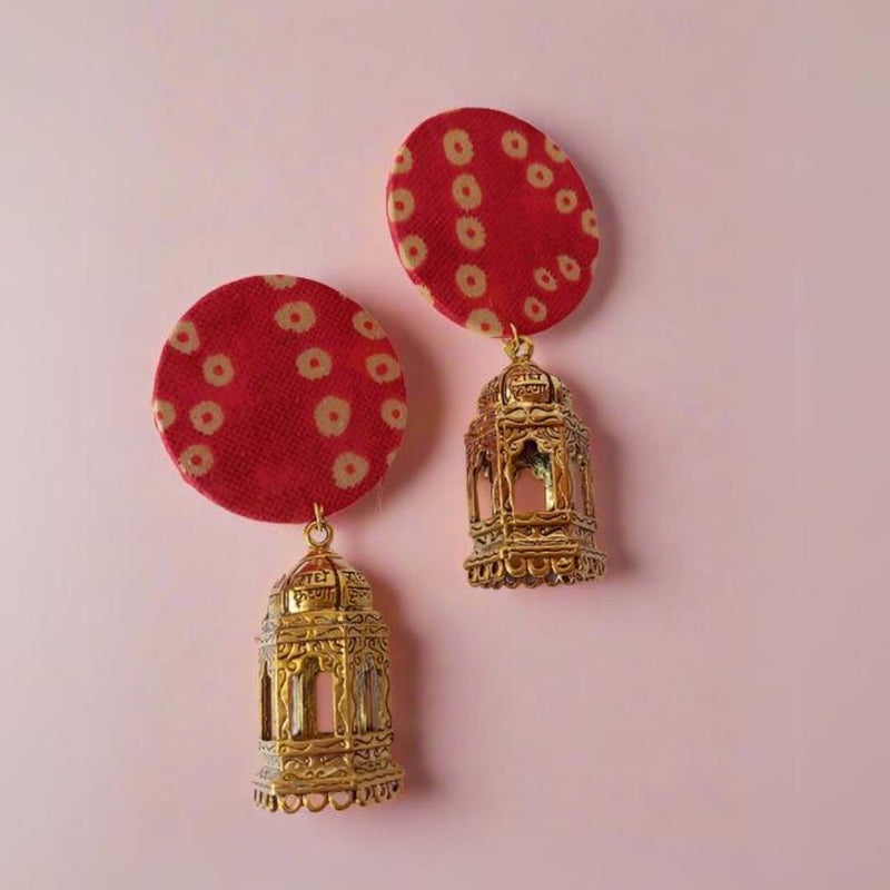 Red Bandhani Print Golden Jhumka Earrings | Verified Sustainable by Brown Living™